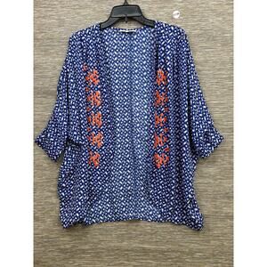 Miss Me Blouse Womens Small Blue Embroidered Kimono Sleeve Boho Open Front Top